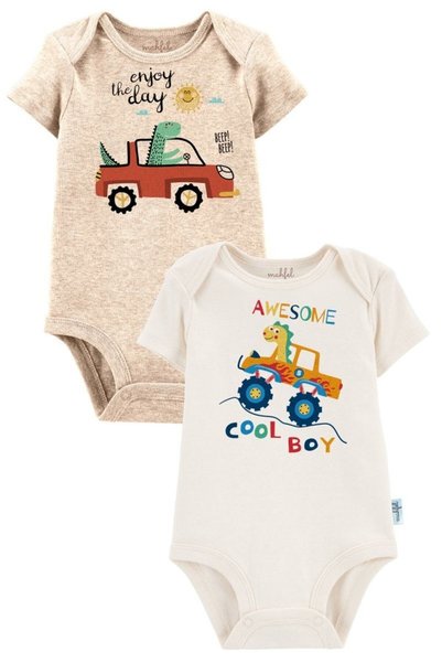 MAHFEL 2-Pack 100% Cotton Car Organic Printed Snap Fastener Baby Bodysuit 193-204