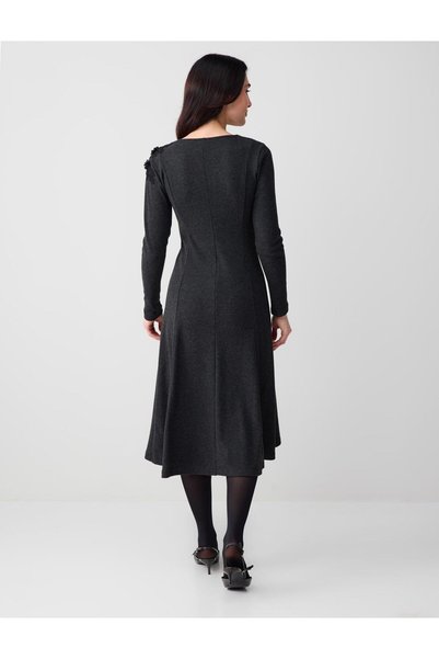 Jimmy Key Anthracite Melange V-Neck Soft Textured Knitted Midi Dress
