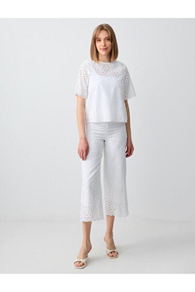 Jimmy Key White 100% Cotton Relaxed Fit High Waist Wide Leg Openwork Trousers