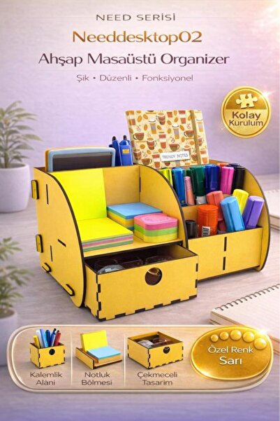 Need Masaüstü Düzenleyici Ahşap Organizer Seti Sarı