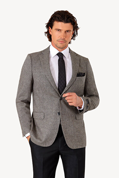 Ysf Erkek Gri Kışlık Yünlü Regular Fit Tek Ceket
