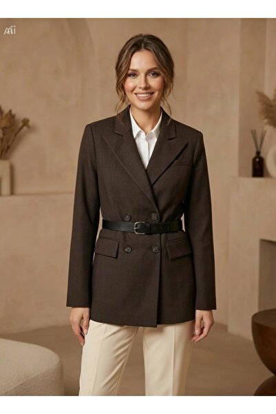 nisya KADIN KAHVERENGİ EKOSELİ KEMERLİ BLAZER CEKET