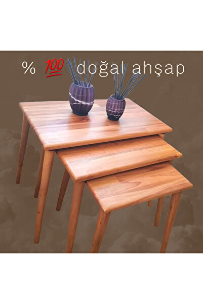 Ekübya Home Masif Doğal Ahşap Naturel Renk Üçlü Zigon Sehpa (3'lü)