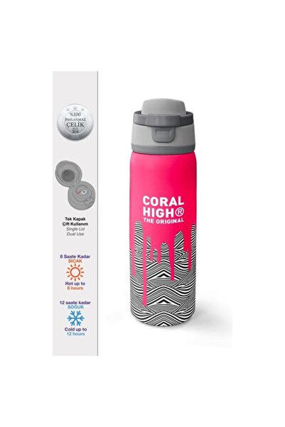 Coral High Kids Pink Black and White Patterned Steel Thermos with Straw and D...