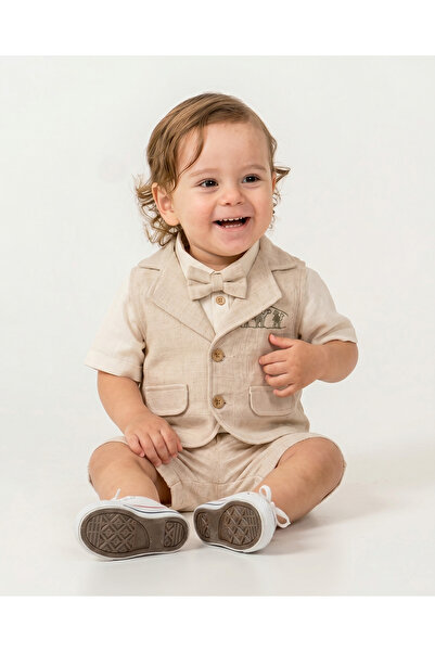 blumi kids Baby Boy Linen Shirt and Shorts Set with Vest