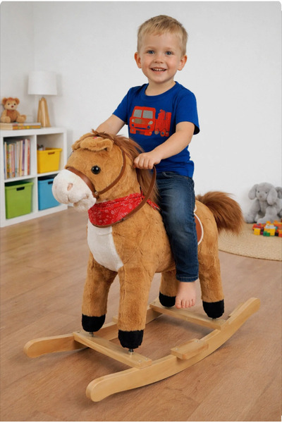 BYZ TOYS Peluş Sallanan Oyuncak At Müzikli ve Sesli Ahşap Tabanlı 3+ Yaş Çocu...