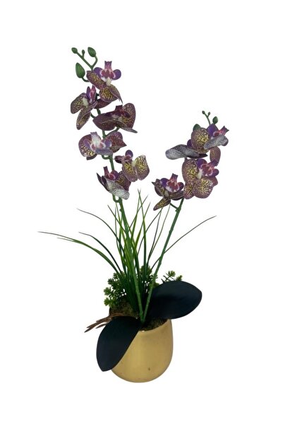 Nettenevime Yapay Çiçek Mor Islak Orkide Gold Metal Saksıda Saksıda Orkide 50cm