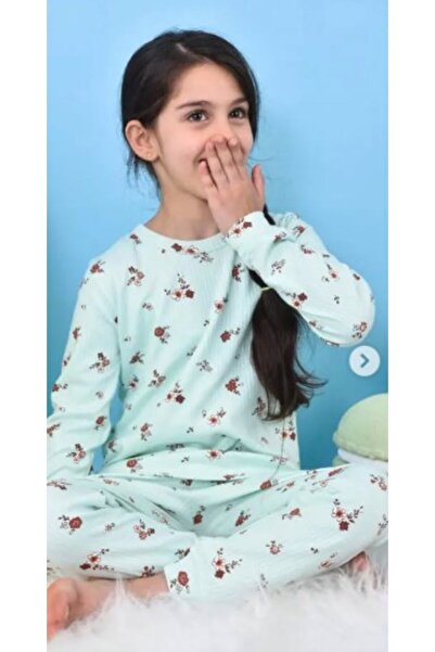 pikidor Girls' Floral Print Long Sleeve Pajama Set 3-8 Years Mi̇nt