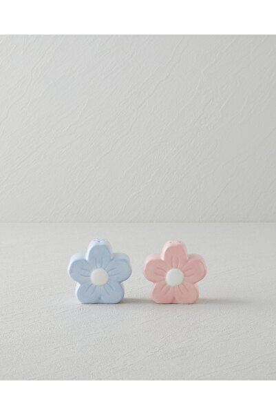 English Home Flower Stoneware 2'li Tuzluk - Biberlik 6x3,5x5,5 cm Pembe - Mavi