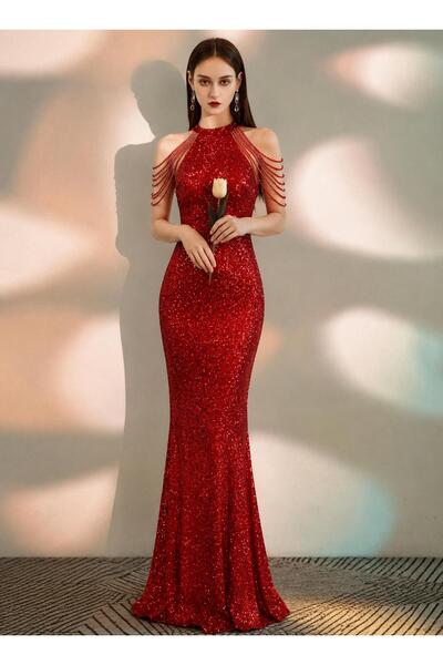 elissaa HALTER YAKA BONCUK DETAYLI PUL PAYET ABİYE ELBİSE