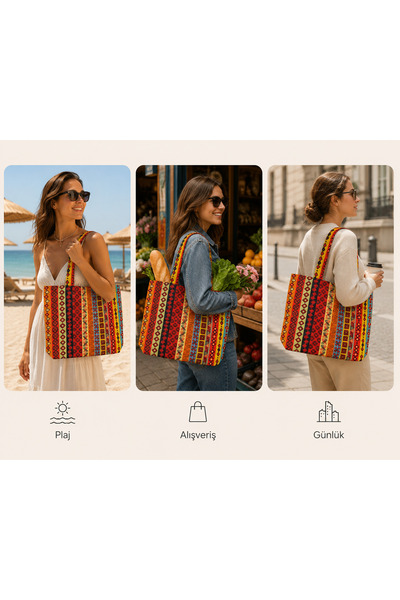 shopExxtra Anadolu Kilim Desenli Keten Omuz Çantası Kadın Omuz Çantası, Geniş Hacimli, Günlük Kullanım