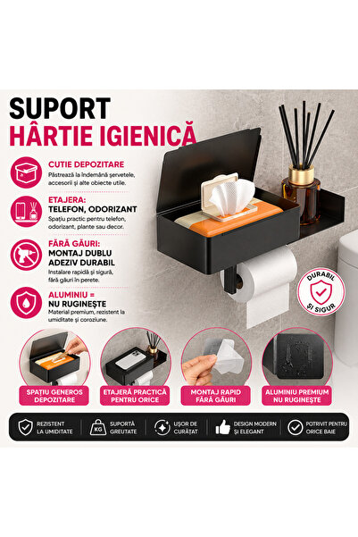 SMARTECH Suport pentru hartie igienica, cu etajera si cutie depozitare, Alumi...