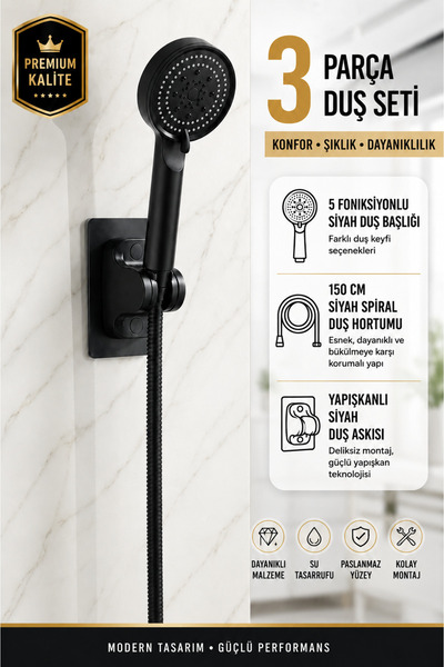 Plodna House Tayzikli Yüksek Basınçlı Siyah Duş Başlığı Yapışkanlı Duş Mafsal...