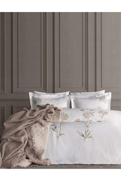 Dantela Lavinya Embroidered Cotton Satin Duvet Cover & Bedspread Set - Beige