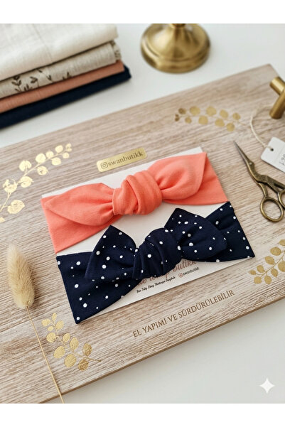swan butik Baby Girl Kids Bandana Buckle Set of 2 Salmon and Navy Blue Spotted