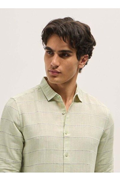 The Bear House Men's Light Green Horizontal Stripes Slim Fit Casual Shirt for...