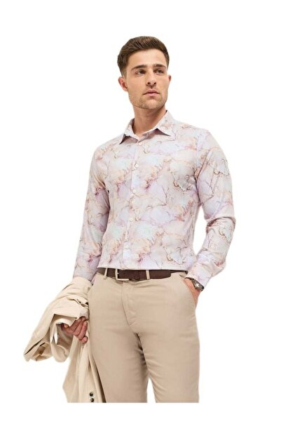 The Bear House Men's Pink Marble Abstract Print Tailored Fit Formal Shirt for...