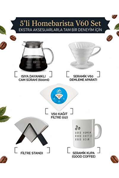 VESTRON Kahve Demleme Tanışma Seti V60|Sürahi|Stand Ve V60 Kağıt|Kupa Bardak|...
