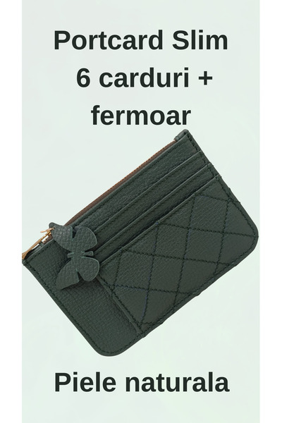 OEM Portcard slim piele naturală cu fermoar,6 carduri,compartiment buletin po...
