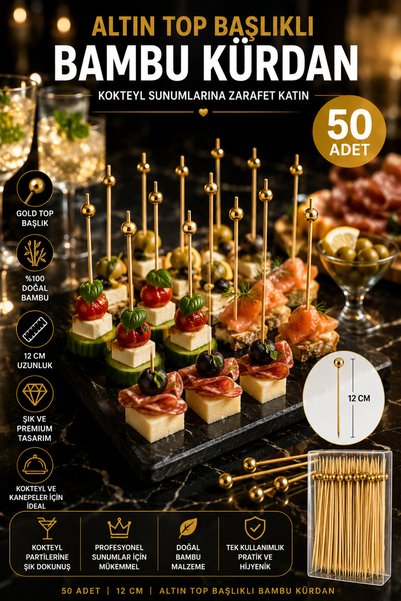 TOYFEST 50’li Altın Top Başlıklı 12 cm Bambu Kürdan Seti – Kokteyl, Tatlı ve Davet Sunumları İçin Şık Seçim
