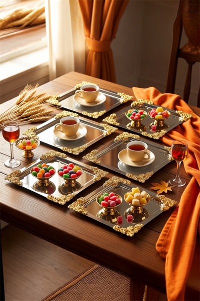 AHİR TİCARET 6-Piece Coffee & Tea & Presentation Tray Metal Cast Rose Model