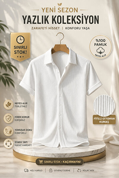 SKYBEAR Beyaz Erkek %70 Pamuk Oversize Kısa Kollu Premium Kalite Fitilli Gömlek