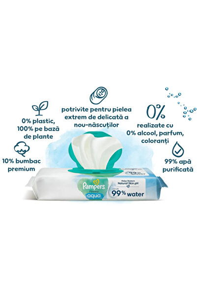 Pampers Șervețele umede Harmonie Aqua, Piele sensibilă, Curățare delicată, Fără parfum, cu ingrediente, 10 bucăți/pachet