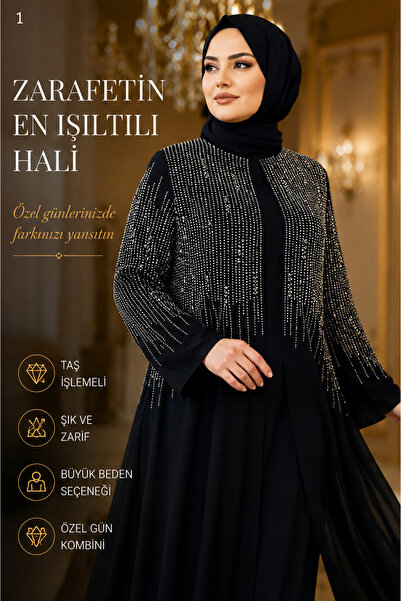 Aynur Tesettür Tesettür Abiye Büyük Beden Taşlı Şık Uzun Kollu Modest Elbise ...