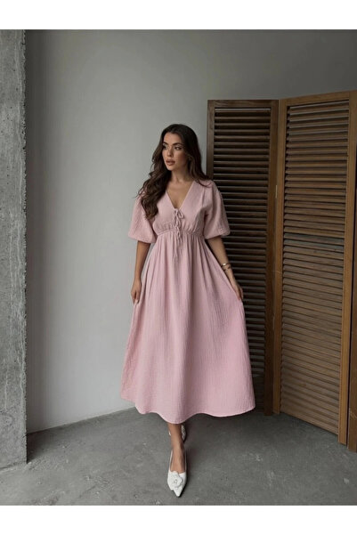URİS Kadın V Yaka Pembe Müslin Kumaş Kısa Kol Elbise