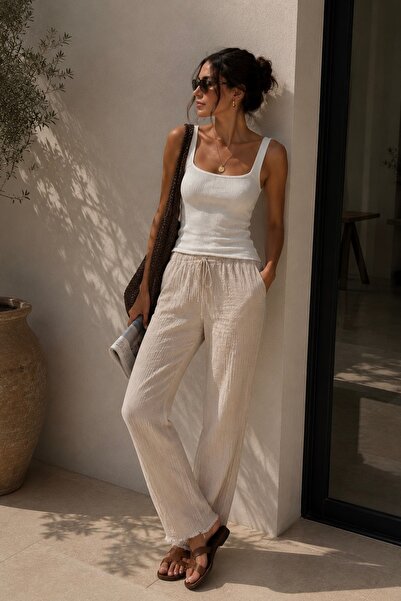 bb butik basic Women's Muslin Casual Trousers with Elastic Waist and Detailed...