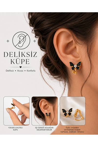 1PARÇAMAVİ 1 çift Zirkon taşlı ALTIN siyah kelebek klipsli sıkıştırma küpe