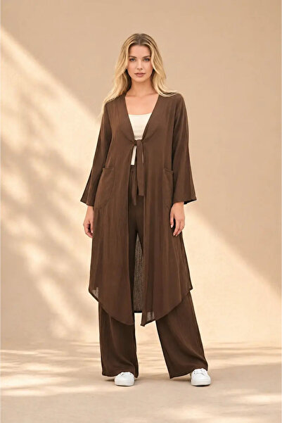 Cool & Sexy Kahve Bağlamalı Kimono Keten Takım