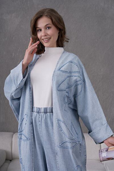 Miss Allos Kadın Önü Pul Ve Payet Nakışlı Taş Ve İnci Detaylı Kot Kimono Hırk...