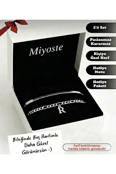 Miyoste Harfli Paslanmaz Kararmaz Çelik Bileklik (1 Adet Harfli 1 Adet Harfsi...