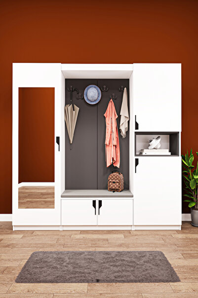 asratrend Lüks Aynalı Portmanto Askılı Vestiyer %100 MDF Çok Raflı Modern Aya...