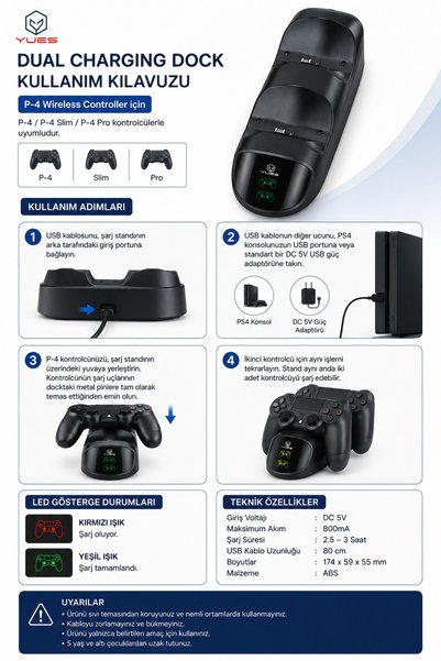 YUES Ps4 Şarj Istasyonu Playstation 4 Uyumlu Şarj Standı Hızlı Şarj Göstergeli