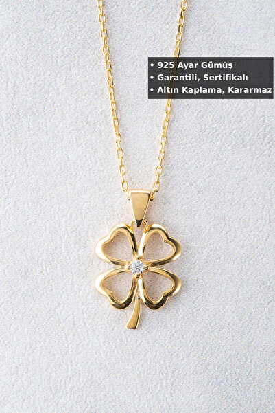 Jewelmim Gümüş Yoncalı Kolye | Sarı Altın Kaplama Hediye 925 Ayar Kadın Dört ...