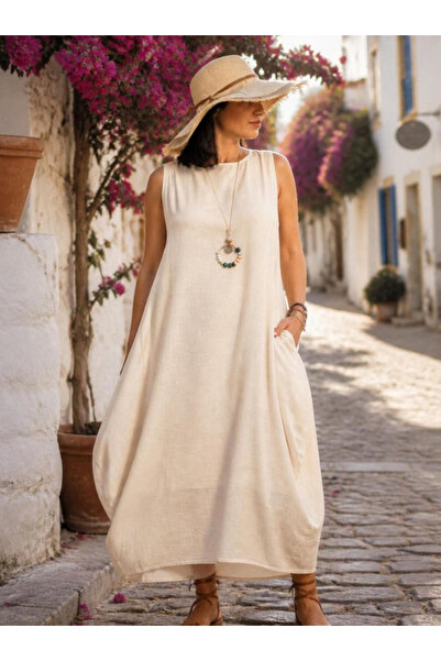 Bohemian فستان طويل بياقة قارب كريمي للنساء