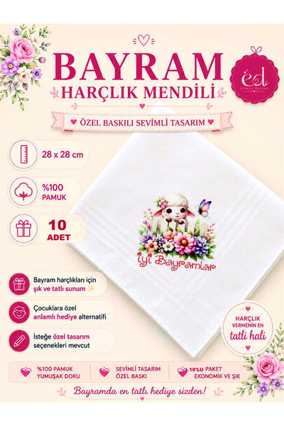 DESİGN 10 Adet Çiçek Bahçesi desenli Kuzulu Mendil, Bayram Mendili