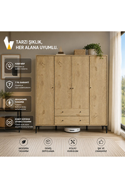 VENATTO Focus 4 Kapılı Dolap Meşe (%100MDF) - 4 Kapılı, 2 Çekmeceli, Ayaklı G...