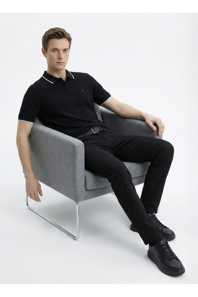 Fabrika Polo Yaka Slim Fit Düz Siyah Erkek Kazak F6SM-KZK 2048