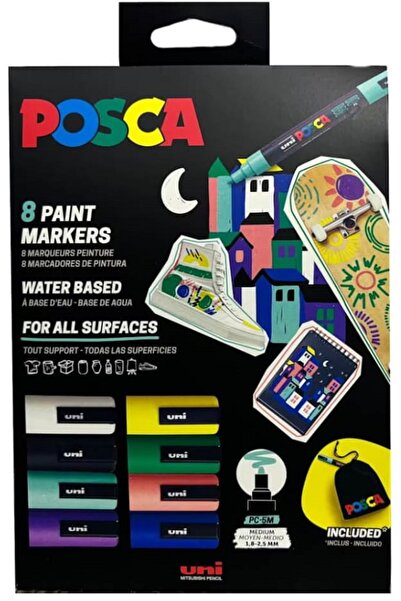 Uni Posca Marker Posca PC-5M, Vârf mediu 1.8-2.5 mm, 8 buc/set + Cadou