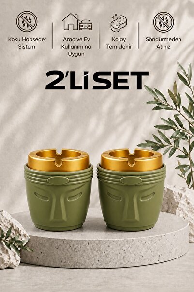 LE PARİS Dekoratif Moai Tasarım 2 Adet Küllük Seti | Plastik Küllük | Haki