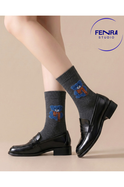 FENRA STUDIO Дамски памучни чорапи с шарка на плюшени мечета, сладки, цвят ан...