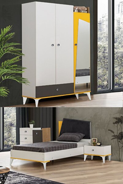 Setay Giallo Genç Odası - 3 Kapılı Dolap, Karyola, Komodin, Şifonyer