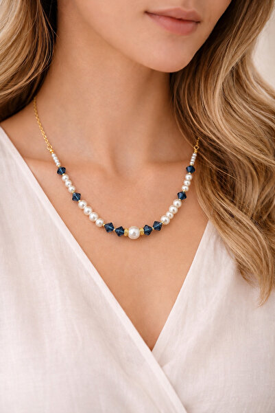 Camellie KY Jewels Azure Pearl | Metalik Mavi Premium Kristal Ekru Cam İnci A...