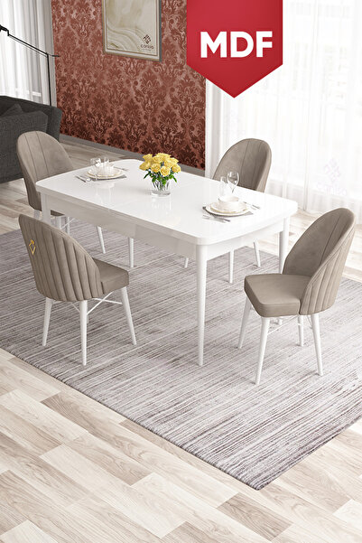 Canisa Elf Serisi 80x132 MDF Açılabilir Beyaz Masa Takımı Ve 4 Cappucino Sand...