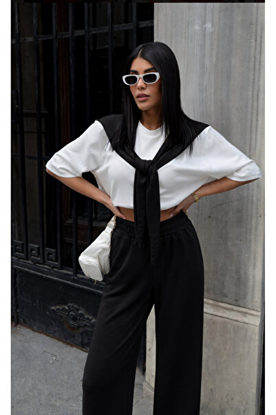 Perry Boutique Tricou cu detalii tip șal pentru femei, pantaloni cu talie ela...