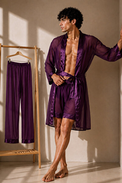QMEN STYLE Erkek Şifon Kimono- Pijama - Şort Seti