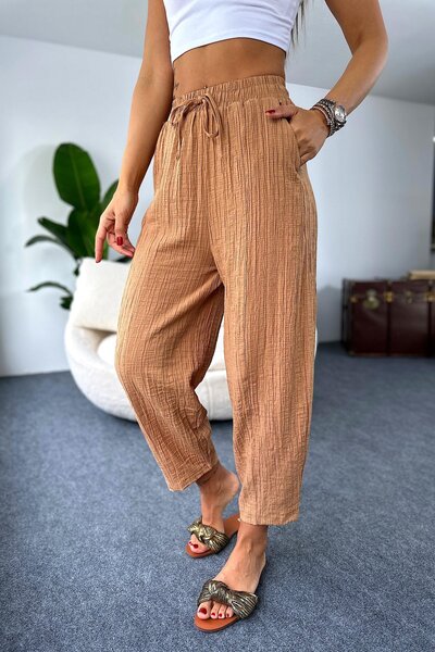 Nana & Mayka Moda Pantaloni largi pentru femei Camel Gofre – talie elastică, ...
